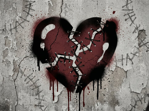 Gritty urban stencil graffiti of a broken red heart stitched together on a cracked concrete wall.