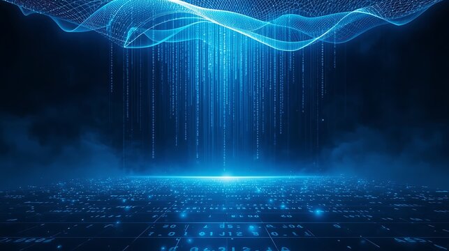 Abstract Futuristic Technology Digital Binary Code Data Flow Background with Glowing Mesh Wave and Grid Light Effects for Big Data AI Cybersecurity Banner