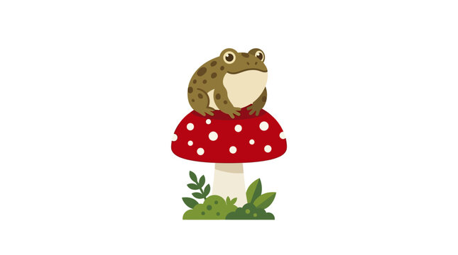 Cute spotted toad sitting on a vibrant red mushroom in a forest flat vector illustration