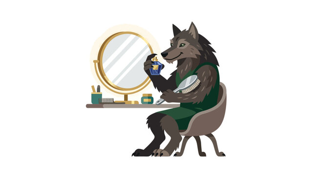 Funny werewolf grooming fur and applying perfume at a vanity table mirror flat design vector illustration.