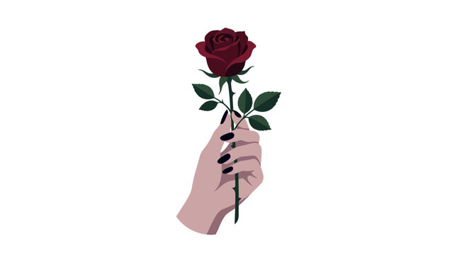 Gothic pale hand with black nails holding a single dark red rose for aesthetic romance flat design vector illustration.