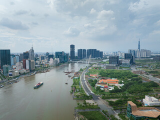 Naklejka premium Aerial View of Ho Chi Minh City and the Saigon River