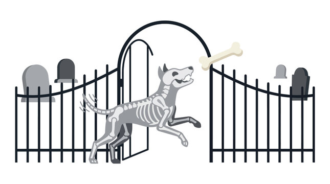 Skeleton dog jumping to catch a floating bone at a spooky graveyard gate Halloween flat design vector illustration.