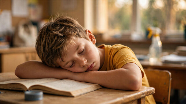 Young schoolboy sleeping on an open book at a wooden desk in a sunny classroom