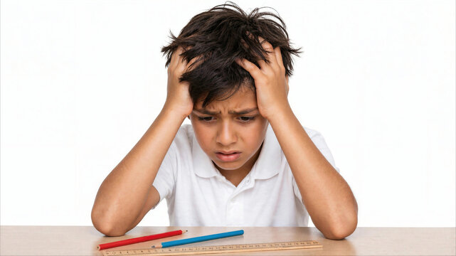 Frustrated young boy sitting at a school desk looking stressed while struggling with homework assignments
