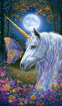 Einhorn mit Schmetterling, Vollmond und Blumen. Portr&auml;t, nah, gro&szlig;