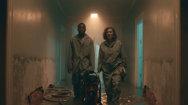 Two restoration workers in grey coveralls carry a submersible pump through a dark flooded hallway with atmospheric teal and amber lighting for emergency water damage response