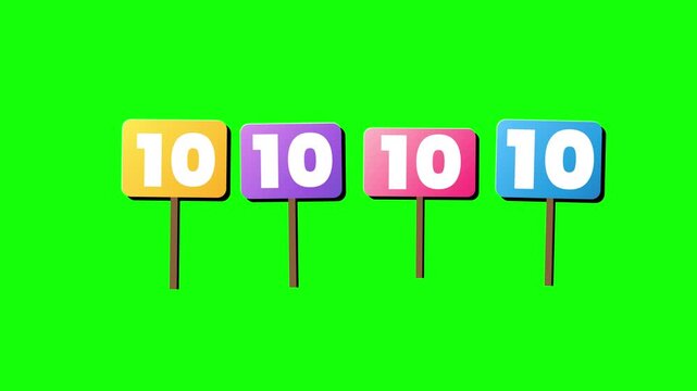 Vibrant collection of four number ten signs on sticks against a green screen. Perfect for promotions, anniversaries, and top-ranking displays
