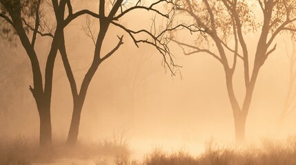 Fototapeta premium Misty Forest Landscape at Sunrise with Silhouetted Trees and Golden Hues