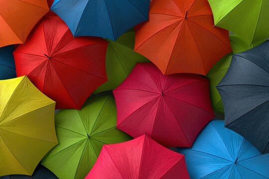 A vibrant and colorful overhead view of many open umbrellas in various bright hues.