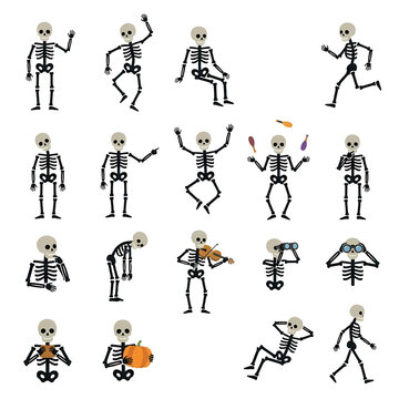 Set of funny skeletal characters performing various activities like dancing running juggling and playing violin which are suitable for seasonal autumn festivities and festive halloweens holiday