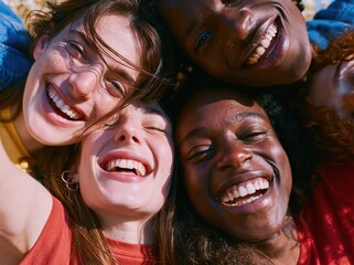 Fototapeta premium Multiethnic group of young adults laughing for a spontaneous outdoor selfie with glowing skin and vibrant clothing for youth lifestyle campaigns
