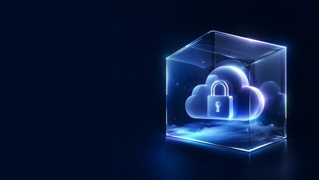 A glowing cloud lock icon encapsulated inside a transparent glass cube illustration on dark background. Suitable for cloud security, safe data storage, and network privacy banners.
