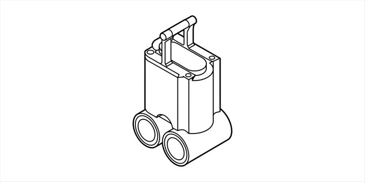 Isometric line drawing of a mechanical engine part with two cylinders and a top handle for industrial machine assembly and technical equipment design