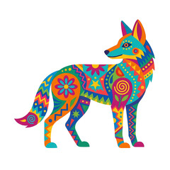 Colorful wild canine creature featuring intricate folk patterns and vibrant floral symbols inspired by traditional heritage art styles for cultural decoration themes during festive seasonal