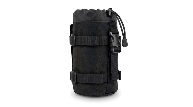 Black tactical molle water bottle pouch for outdoor hiking and camping gear. backpack drink attachment