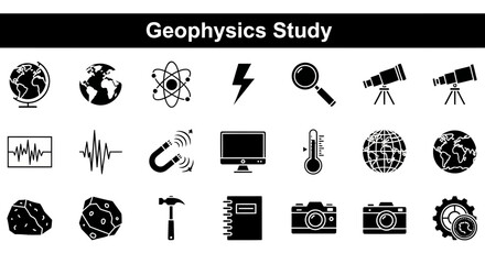 Collection of black and white icons representing various concepts in geophysics and scientific study, including celestial bodies, natural phenomena, and research tools. © Julian Vance