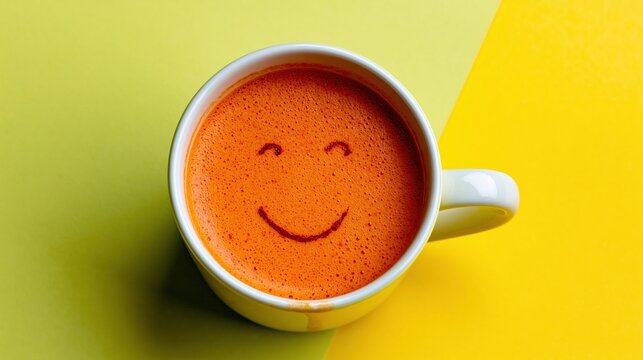 White ceramic mug with an orange drink featuring a happy face on a yellow and lime green background for a cheerful morning concept