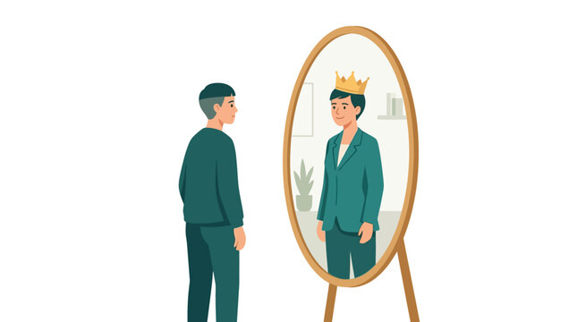 Ambitious young man looking in mirror visualizing successful leader reflection with crown flat vector illustration.