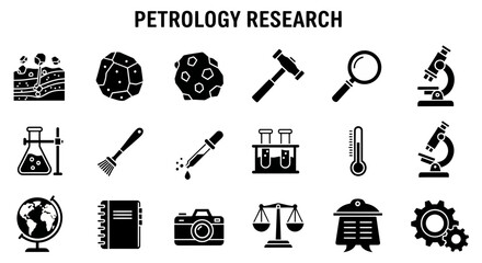 Petrology research icons set showing geological tools and scientific equipment for earth science study. © Julian Vance