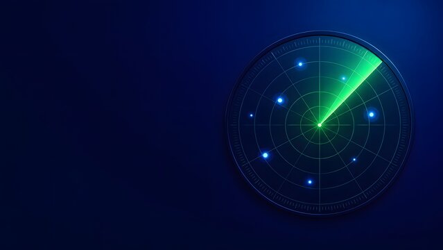 Digital graphic layout showing a circular radar scanner with a sweeping green sonar beam. Excellent for tracking system presentation, location detection, and monitoring UI.