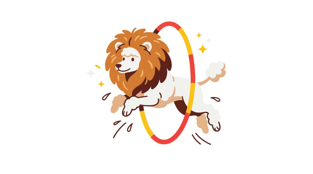 Cute white poodle dog wearing lion mane jumping through circus ring flat vector illustration