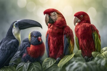 Fototapeta premium A diverse group of colorful tropical birds, including macaws and a toucan, perched on lush green foliage in soft light.