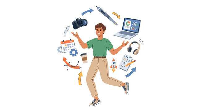 Young male freelancer juggling camera laptop and creative icons representing multitasking productivity flat vector illustration.