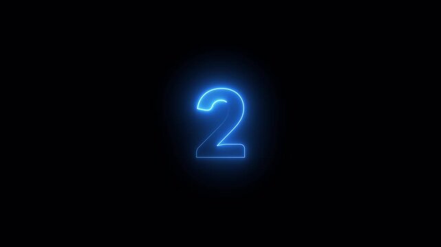 Glowing neon number 2 isolated on dark background, 3D blue illuminated digital number animation for countdown, leader, top rank, or anniversary glowing loop  mathmetical number from 0 to 10 with 4k .