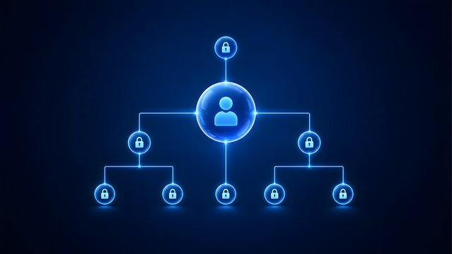 Glowing blue organization tree graphic digital illustration with locks and user icon suitable for access hierarchy privilege management administrative security and tech charts.