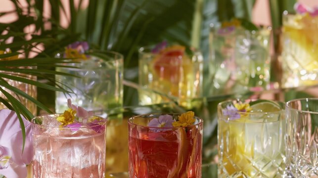 Tropical mocktail glasses with edible flowers and citrus garnish in a levitating arrangement for premium event hosting and hospitality branding