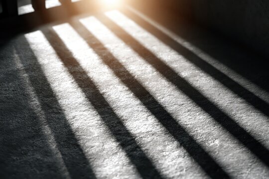Sunlight streaming through prison bars casting dramatic shadows on a textured concrete floor.