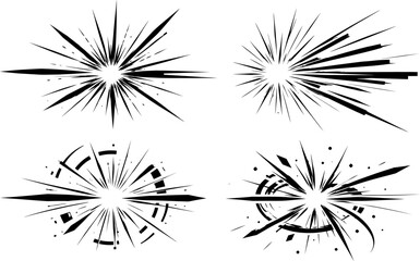 Fototapeta premium Comic book action explosion effects vector set with dynamic speed lines and bursting starburst graphic elements