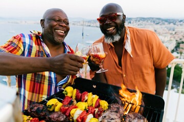 Obraz premium Two happy men clinking glasses in a toast over a flaming barbecue grill on a scenic coastal balcony for summer lifestyle and food visuals