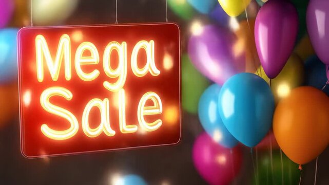 Mega sale neon sign with colorful balloons celebrating discount event