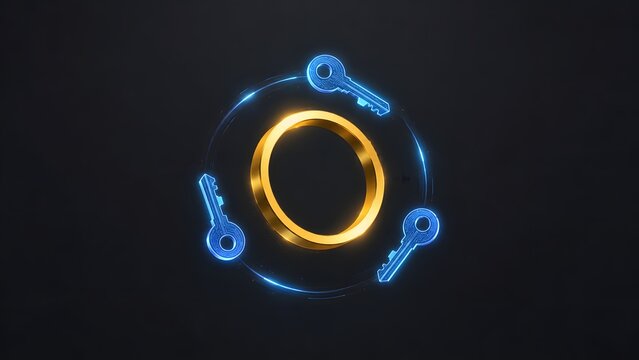 Golden ring surrounded by glowing blue digital keys illustration suitable for key management encryption security multi party access control and cryptographic web banners.