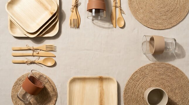 Eco friendly bamboo tableware set with plates forks spoons and cups on a textured table. eco-conscious tableware