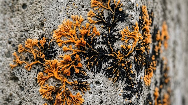Striking vibrant orange and black mold pattern growing organically on a raw concrete surface, creating a fascinating toxic bio texture.