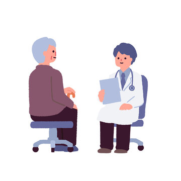 医師と高齢男性患者の診察・医療相談イラスト / Illustration of a doctor examining an elderly male patient in a hospital or clinic