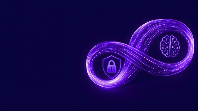Glowing purple infinity loop digital illustration featuring brain and shield icons suitable for continuous security AI protection persistent learning and cybersecurity slides.