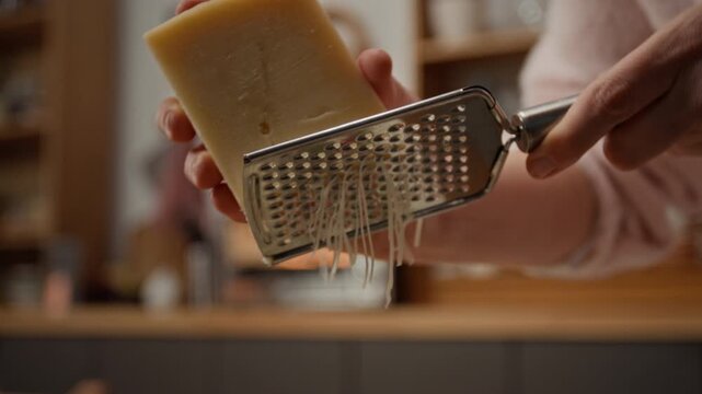 Close-up shot of female hands grating parmesan cheese over fresh green salad with cherry tomatoes. Perfect for healthy eating campaigns and culinary brand promotion