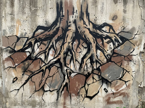 Urban street art mural of tree roots breaking through a cracked stone wall background.