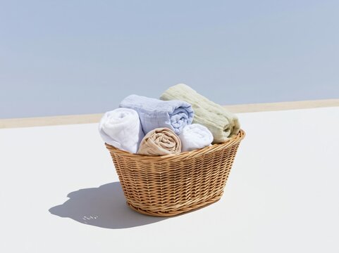 Woven rattan basket filled with rolled linen towels on a bright coastal surface, featuring soft textures and calm nautical tones for spa and home decor layouts