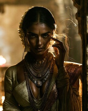 A young South Indian woman in a sage green silk saree and gold jewelry posing gracefully for a cultural fashion and bridal accessory campaign