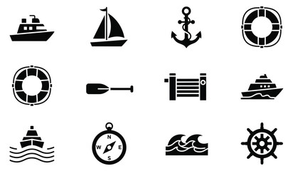 Nautical icon set for maritime design. Marine vector symbols for boat and ocean travel themes. © MstSonia