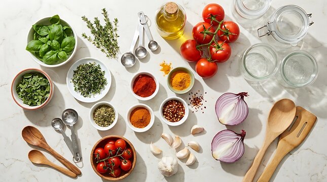 Fresh herbs vegetables and spices for healthy cooking on a light grey stone surface. homemade sauce kit