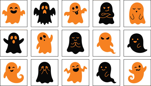 Cute Halloween ghost vector set, spooky cartoon spirits with funny expressions, black and orange ghostly characters for holiday design