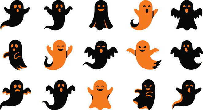 Halloween ghost vector icons set, spooky black and orange cartoon ghosts collection, cute flying spirits for autumn holiday design