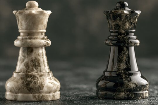Two marble chess queens, one light and one dark, facing each other on a textured surface.