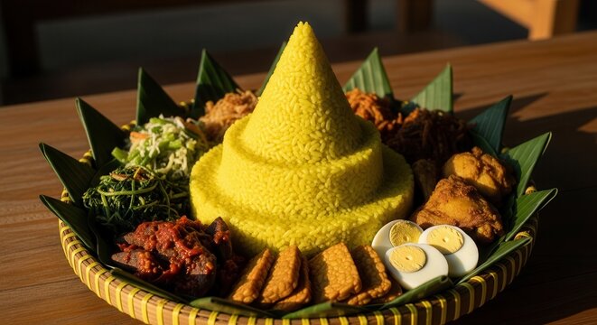 Nasi kuning with various indonesian side dishes